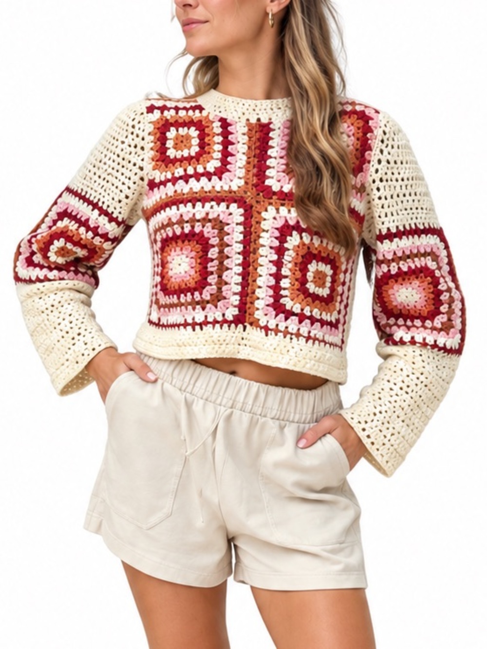 Crochet Sweater Geometric Pattern granny square boho hippie size medium truth
